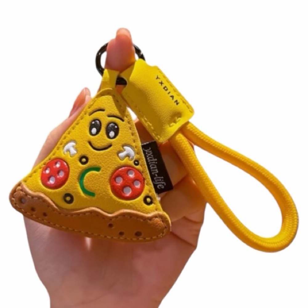 Adorable Faux Leather Cartoon Pizza Slice Keychain/Bag Charm New
